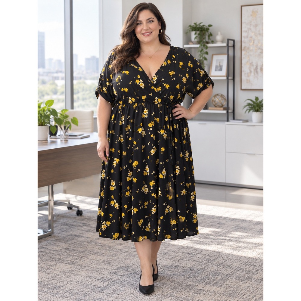 Torrid Black Yellow Floral Faux Wrap Midi Dress Plus Size 3 3X Short Sleeve